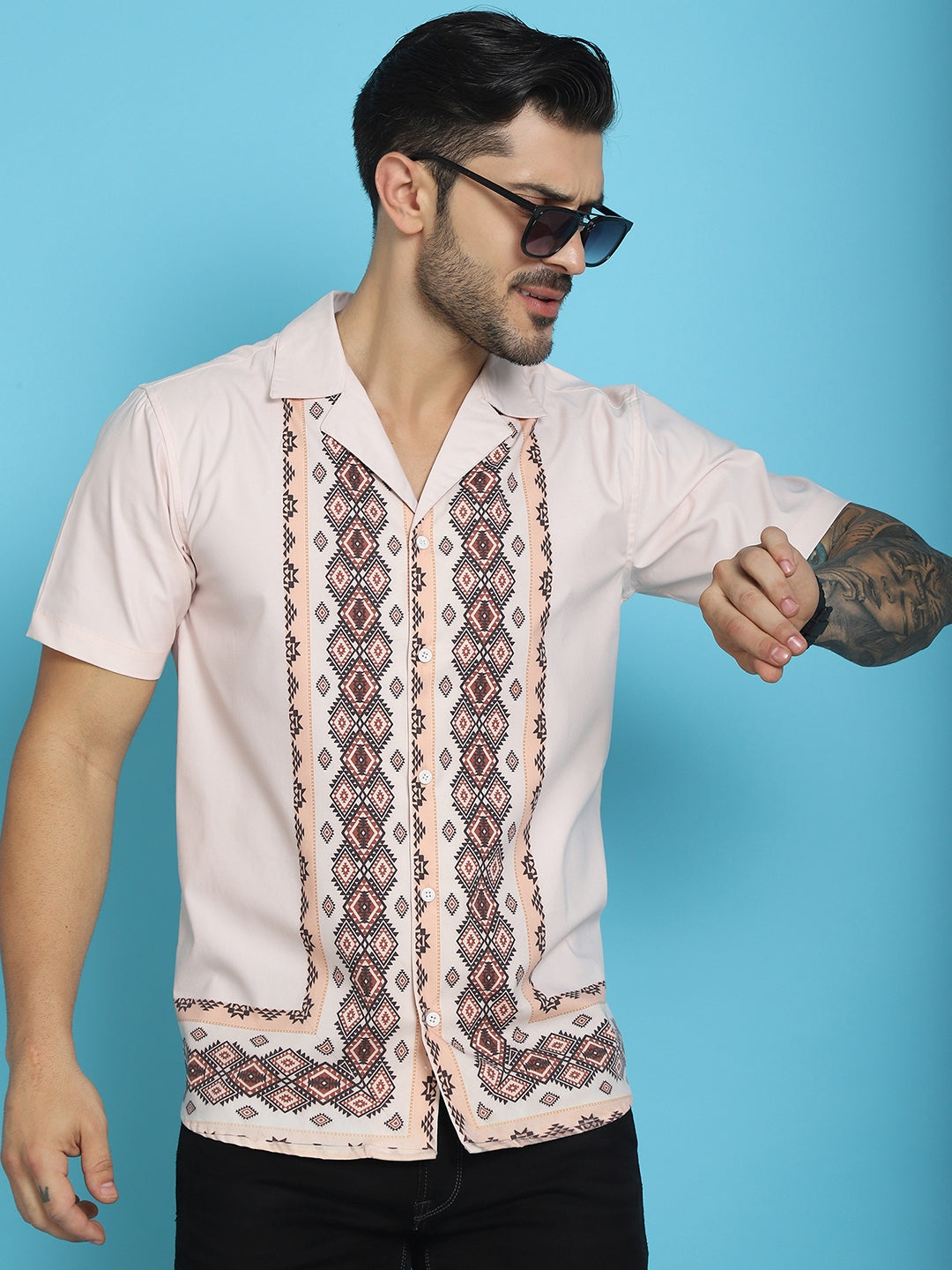 Indian Needle Men's Printed Half Sleeve Lycra Shirt - Pink | Grocsy