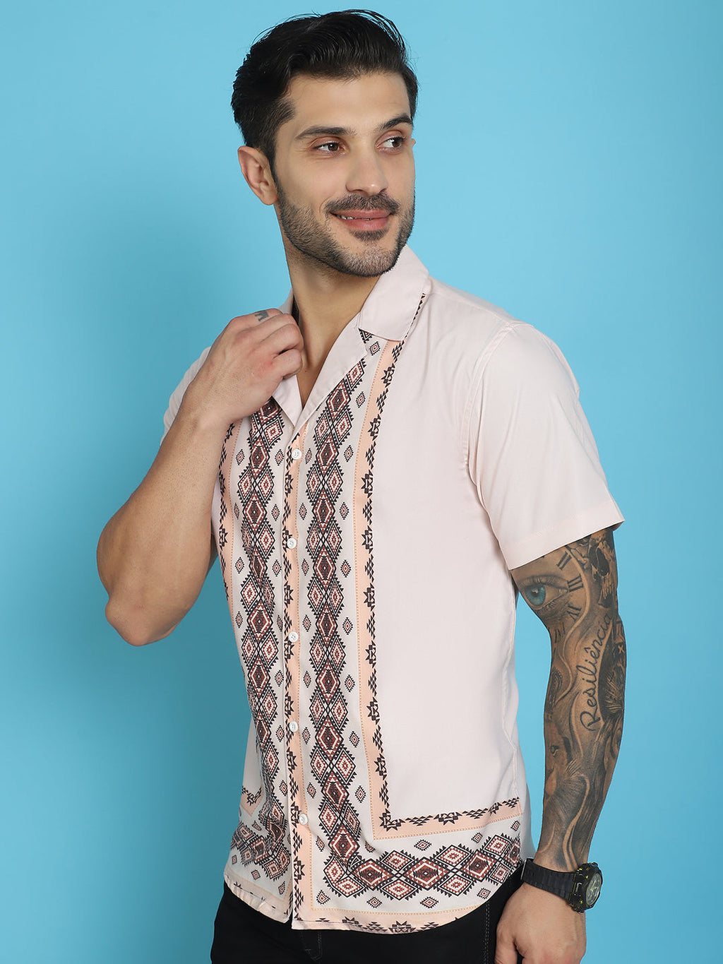 Indian Needle Men's Printed Half Sleeve Lycra Shirt - Pink | Grocsy