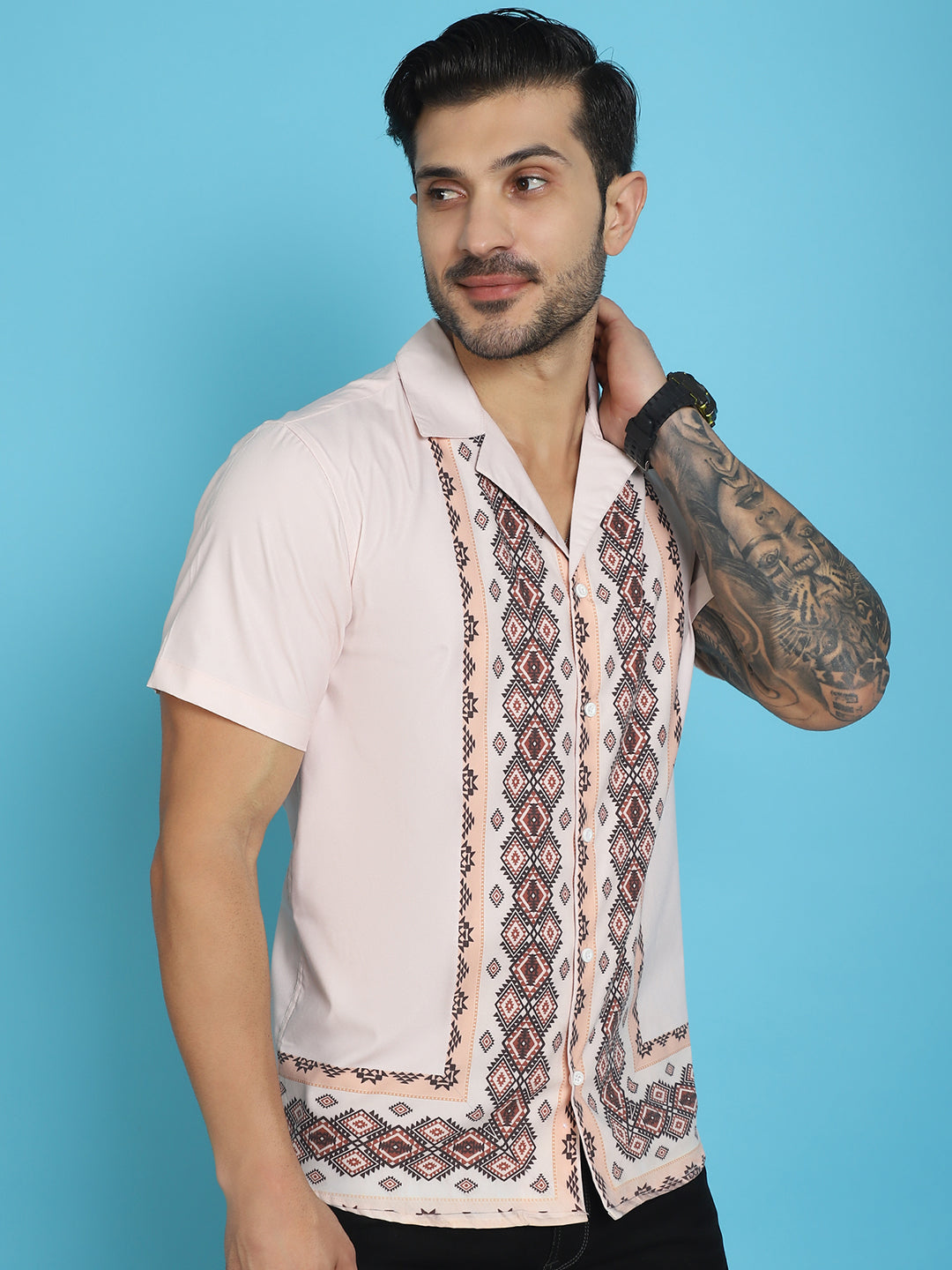 Indian Needle Men's Printed Half Sleeve Lycra Shirt - Pink | Grocsy