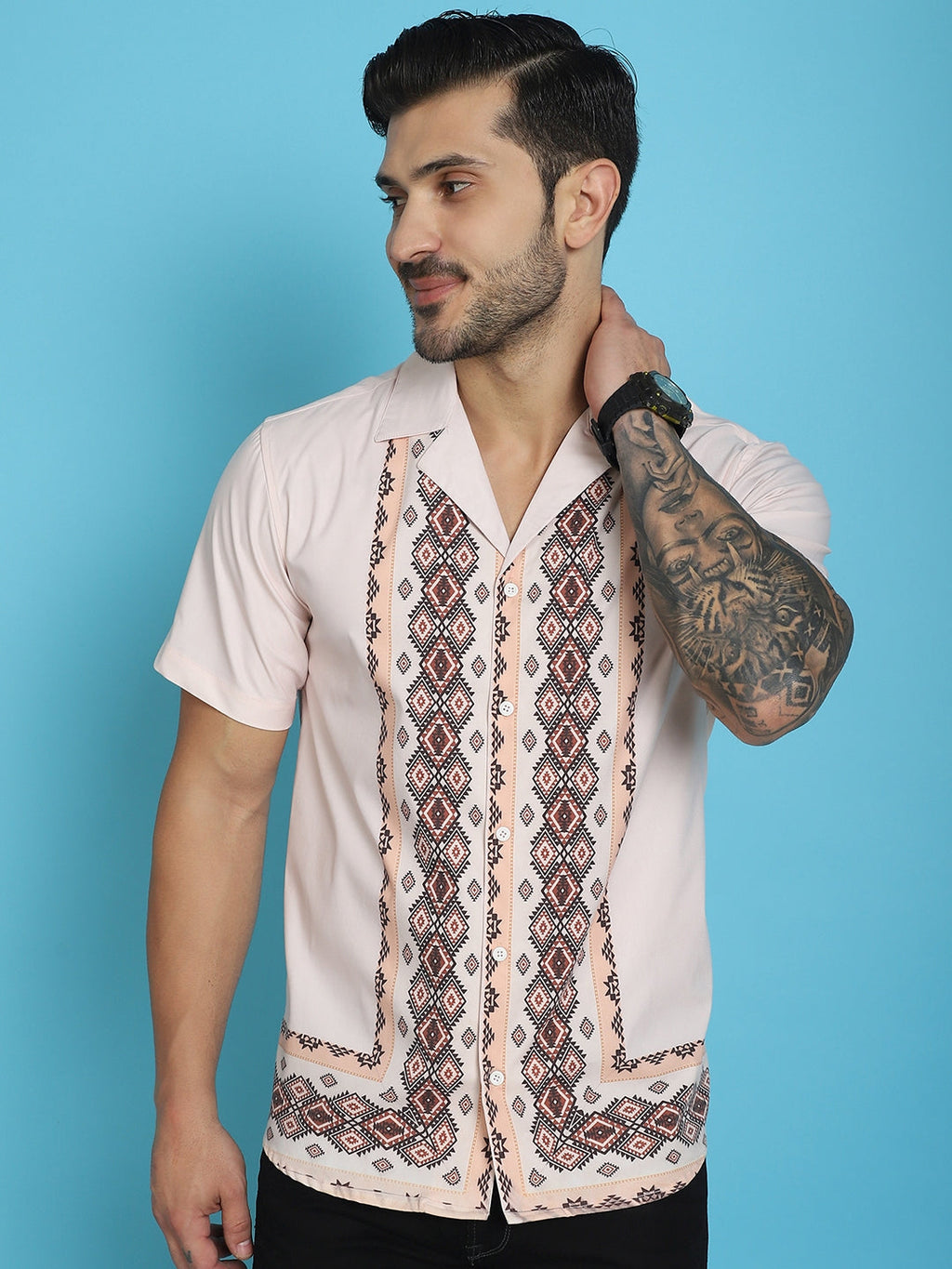 Indian Needle Men's Printed Half Sleeve Lycra Shirt - Pink | Grocsy
