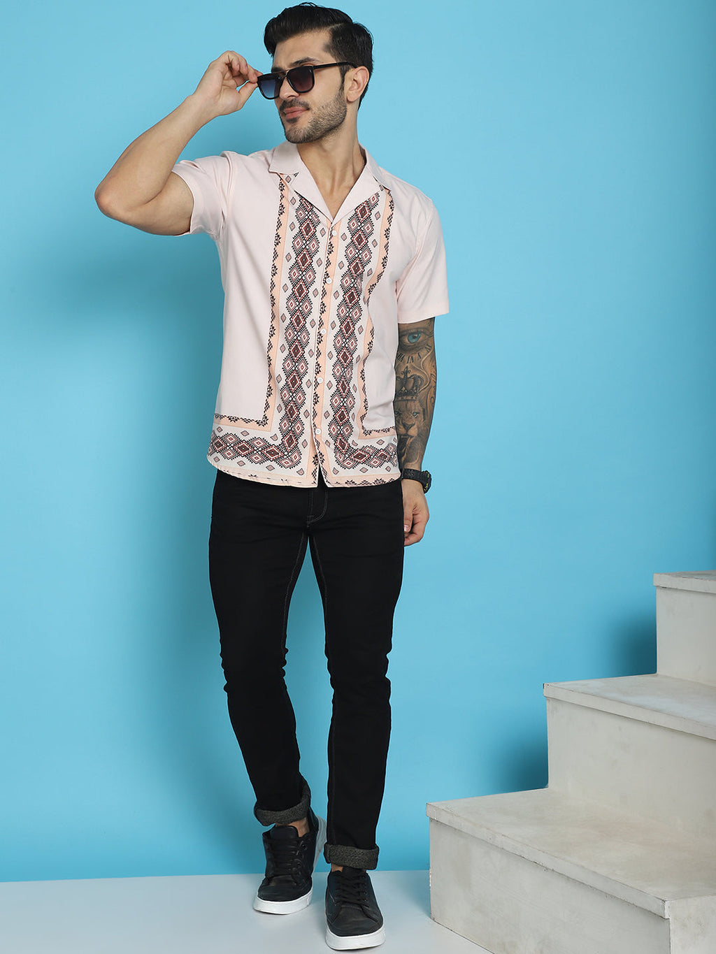 Indian Needle Men's Printed Half Sleeve Lycra Shirt - Pink | Grocsy