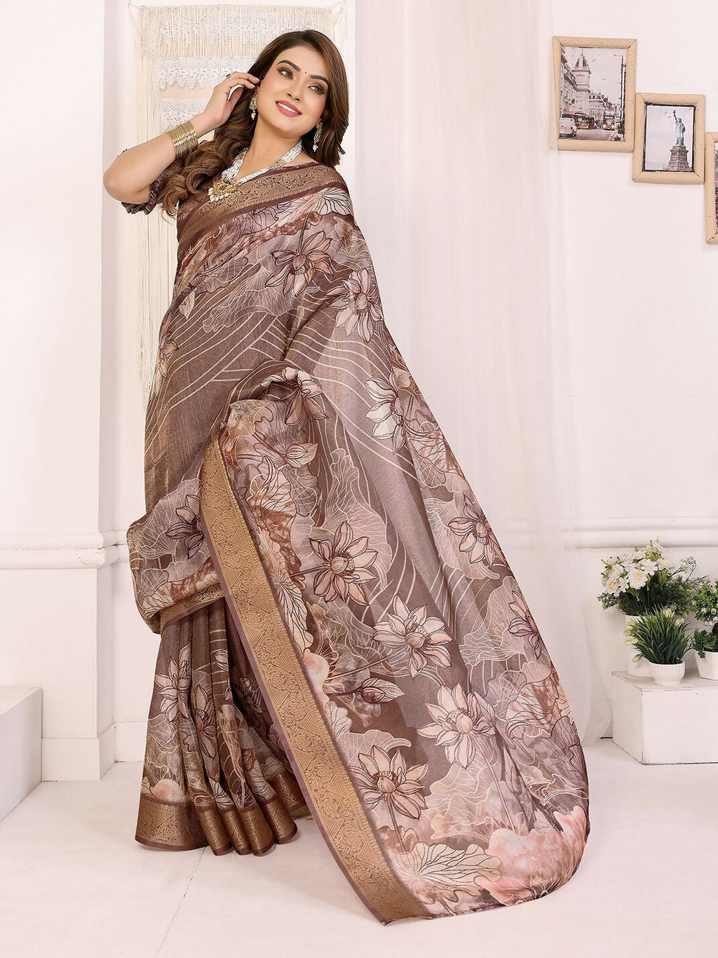 Joban Fashion Brown Floral Print pattern Banarasi Silk Sarees | Grocsy
