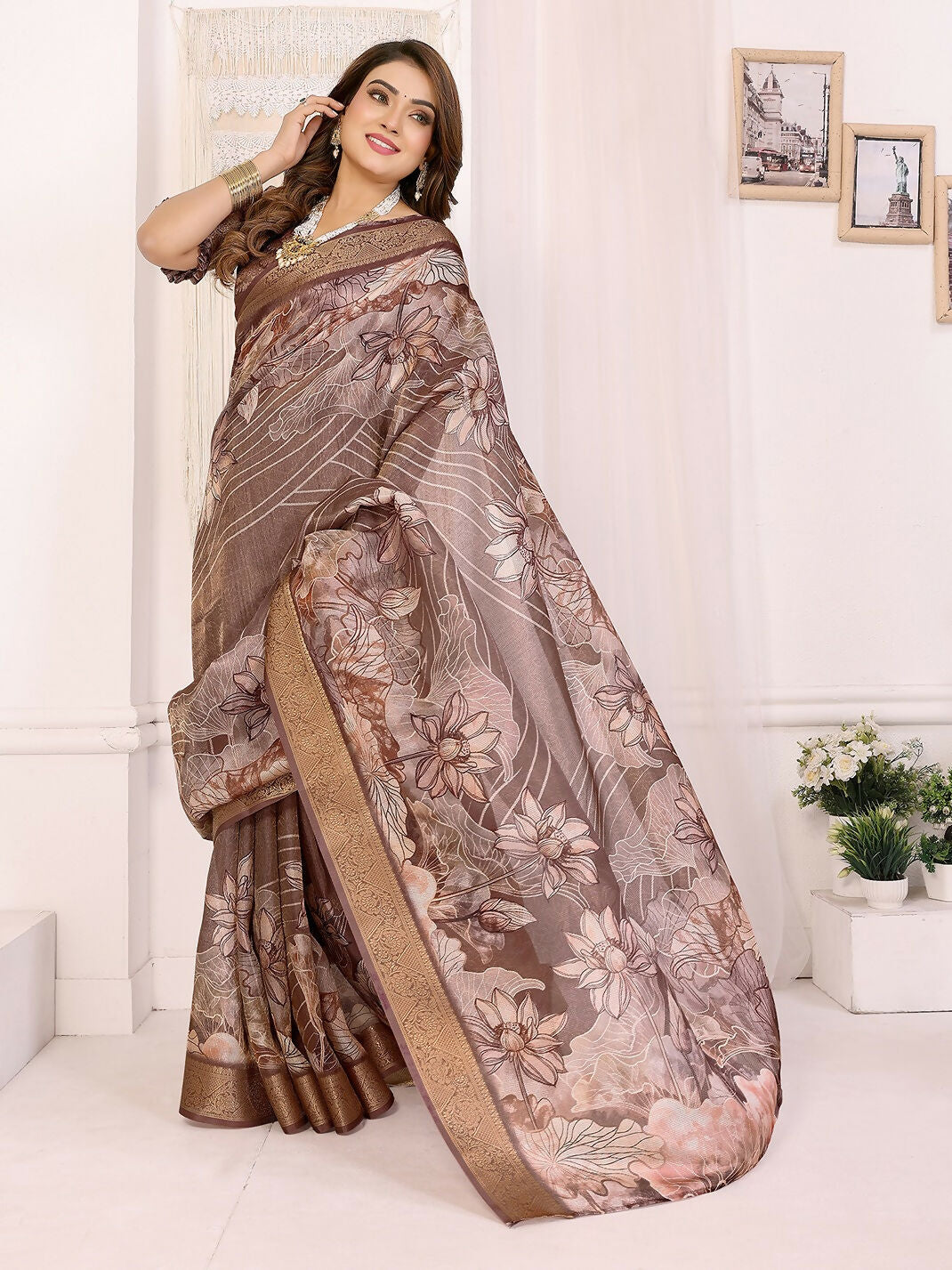 Joban Fashion Brown Floral Print pattern Banarasi Silk Sarees | Grocsy