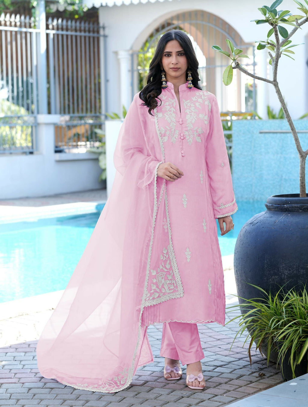 Nikhaar Light Pink Embroidered Modal Silk Stitched Straight Cut Kurta Pants Dupatta Readymade Suit | Grocsy