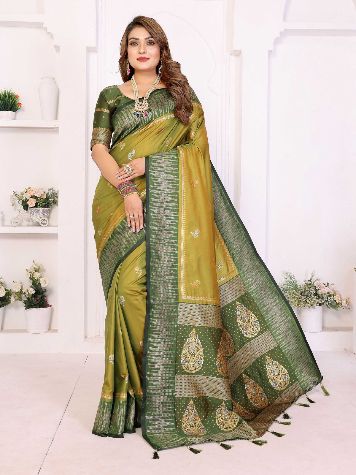 Aastha Fashion Pista Green South Soft Silk Zari Weaving Saree | Grocsy