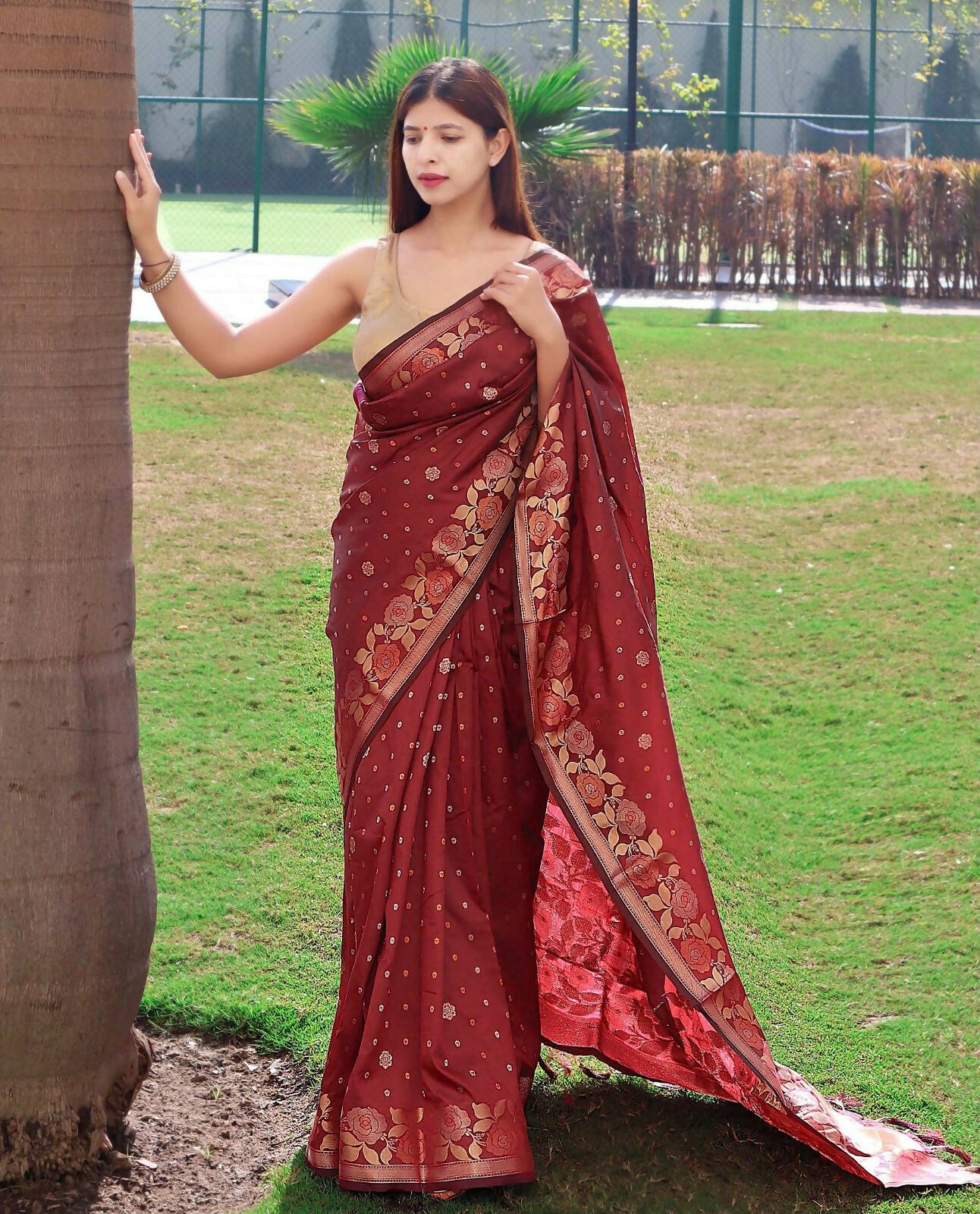DEIANA'S Beautiful Designer Golden zari Soft Lichi Silk Saree - Red | Grocsy