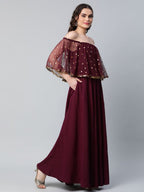Ahalyaa Women Wine Colour Crepe & Net Gold Printed Dress | Grocsy