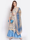 Myshka Women's Multi Color Printed Cotton Blend 3/4 Sleeve Round Neck Casual Kurta Palazzo Dupatta Set | Grocsy