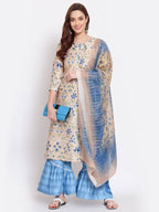 Myshka Women's Multi Color Printed Cotton Blend 3/4 Sleeve Round Neck Casual Kurta Palazzo Dupatta Set | Grocsy