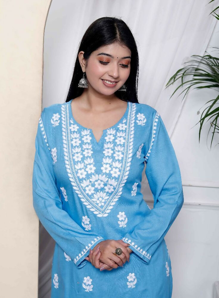 Miravan Womens Blue Embroidered Kurta With Palazzo | Grocsy