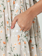 Manet Frill With Sleeves Maternity Dress Floral Print With Concealed Zipper Nursing Access - Cream | Grocsy