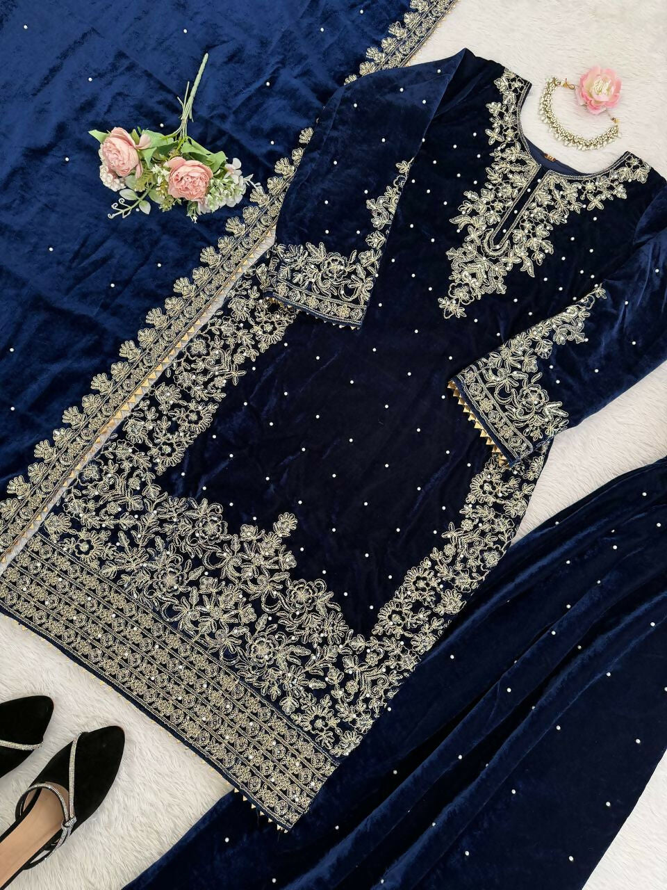 Vastranavya Blue Viscose Velvet Cording Sequence With Moti Work Top-Bottom With Dupatta | Grocsy