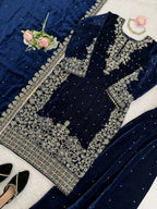 Vastranavya Blue Viscose Velvet Cording Sequence With Moti Work Top-Bottom With Dupatta | Grocsy