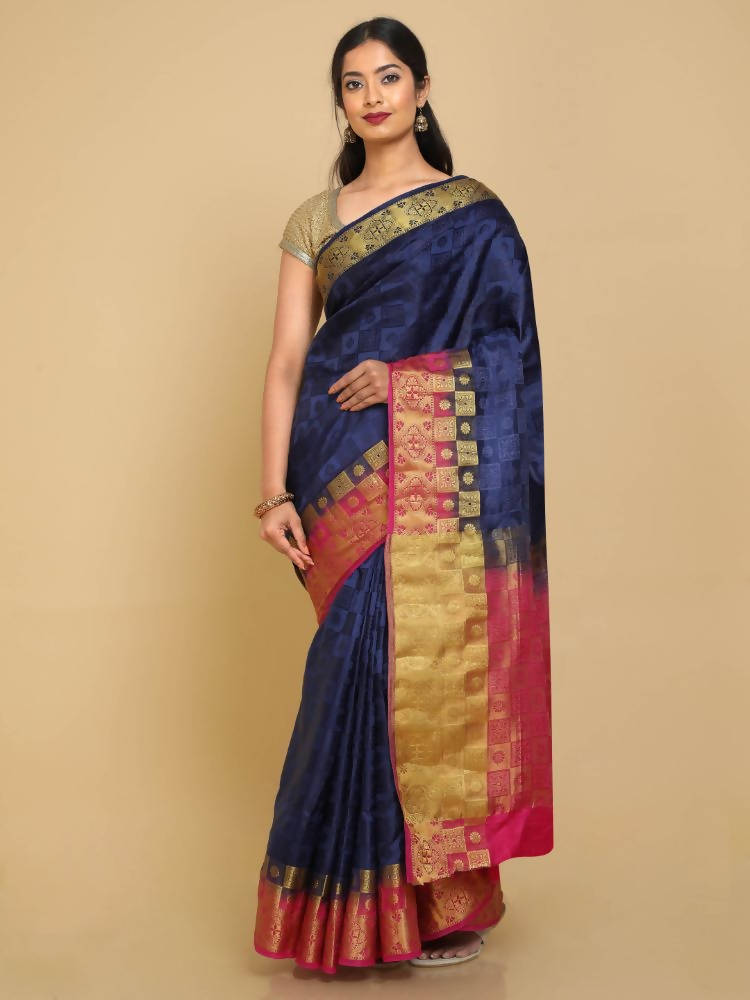 Kalamandir Checked Navy Blue Pashmina Saree | Grocsy