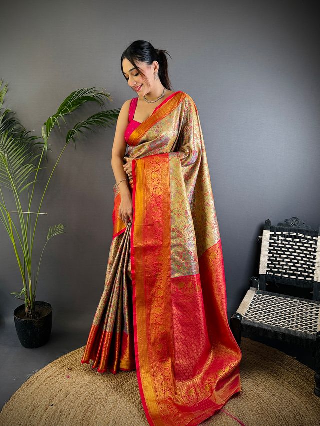 Elora Copper Silk Leheriya Meenakari Zari Weaves Dharmavaram Saree | Grocsy