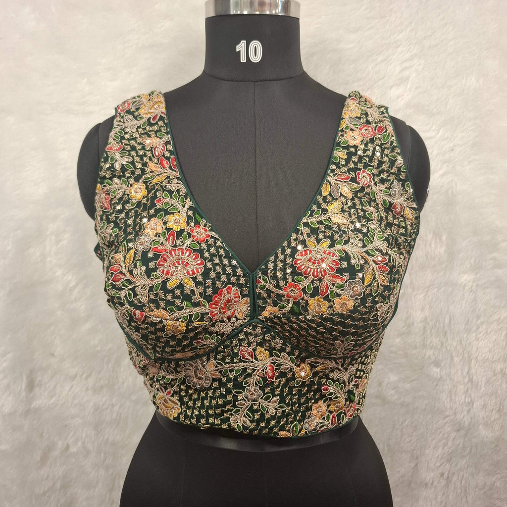 Kia Fashions Bottle Green Georgette Multi Color Emb & Sqn Readymade Blouse | Grocsy