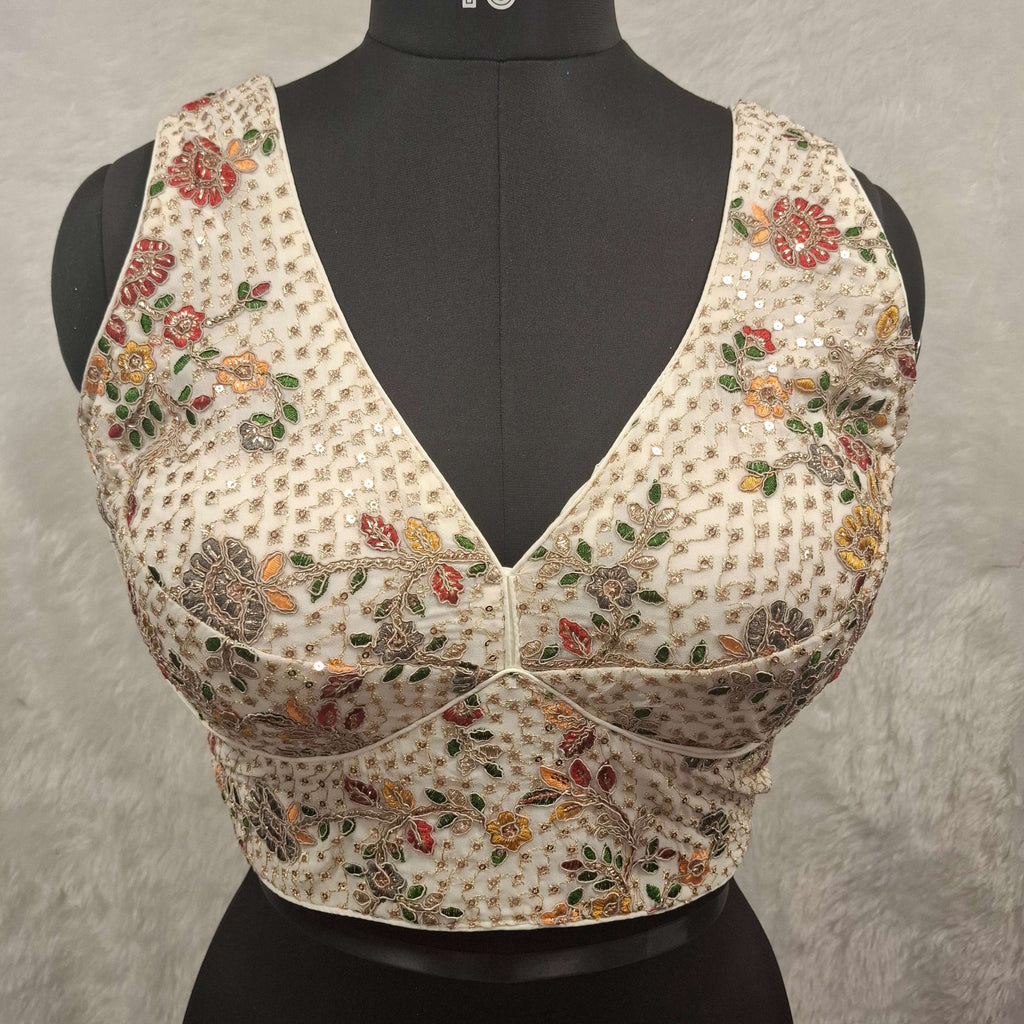 Kia Fashions White Georgette Multi Color Emb & Sqn Readymade Blouse | Grocsy