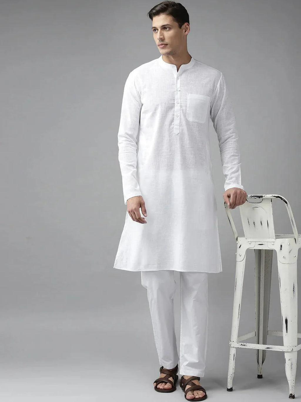 Fabmade Men White Cotton Linen Kurta | Grocsy