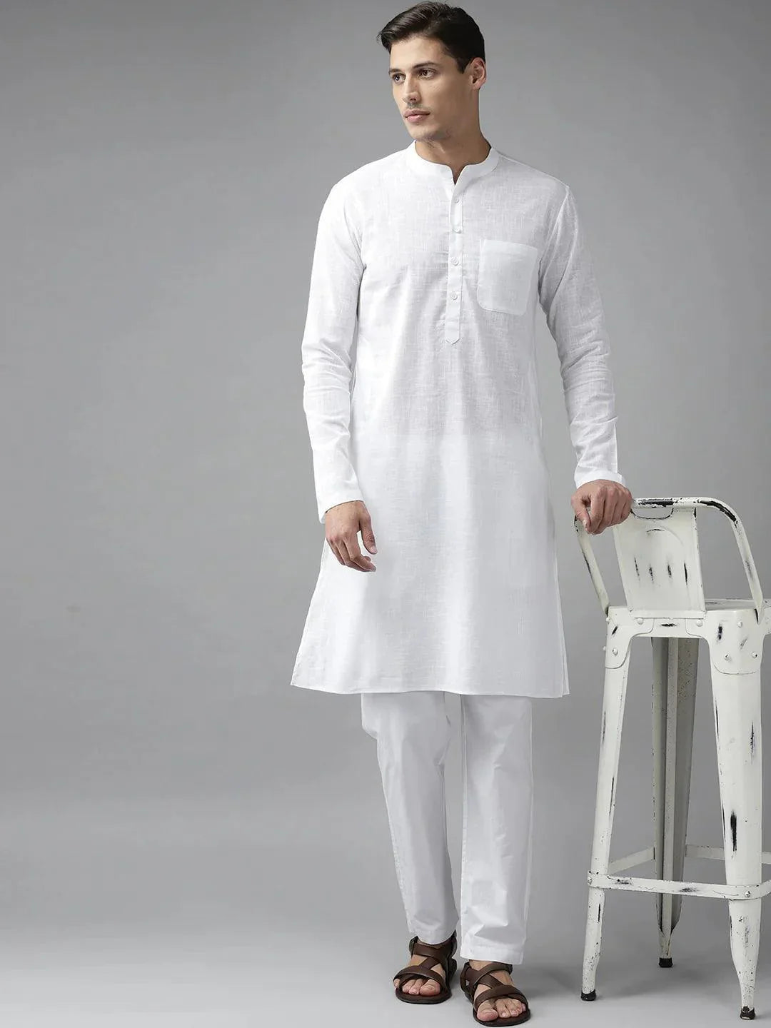 Fabmade Men White Cotton Linen Kurta | Grocsy