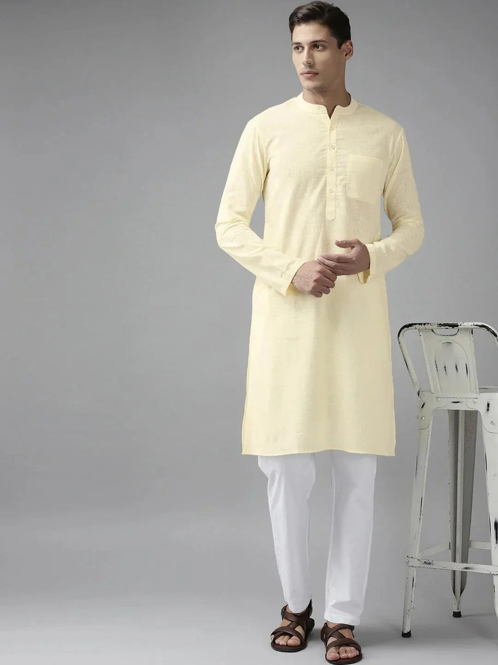 Fabmade Men Cream Cotton Linen Kurta | Grocsy