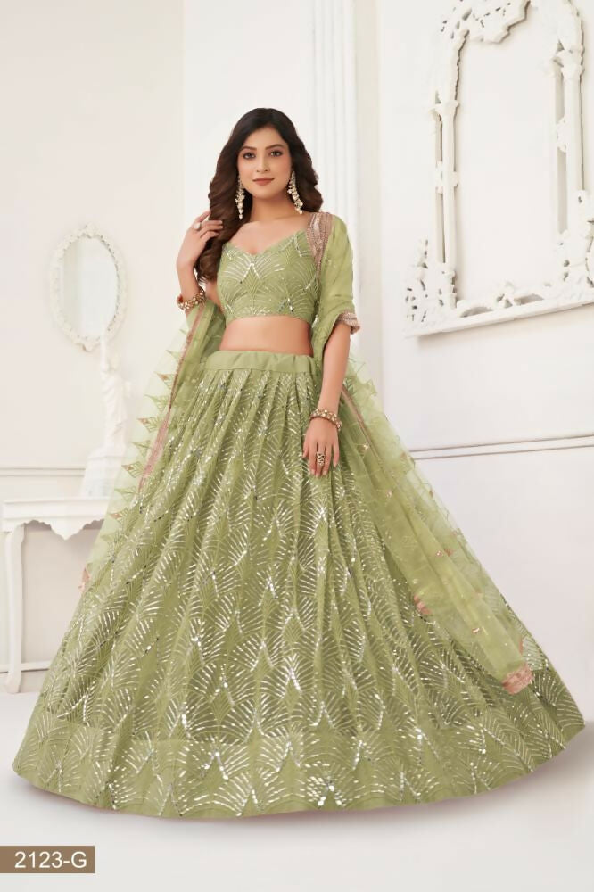 Aastha Fashion Pista Green Butterfly Net Tone To Tone Thread Work, Sequence Work And Original Mirror Work Embroidery Wedding Wear Lehenga Choli | Grocsy