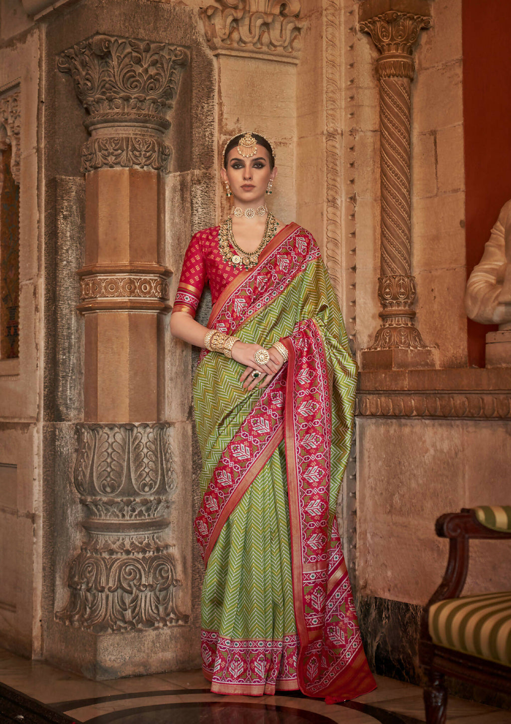 Olive Green Banarasi Weaving, Ultra Aqua Finish, Zari Work Banarasi Silk Saree - Rath Kunti | Grocsy