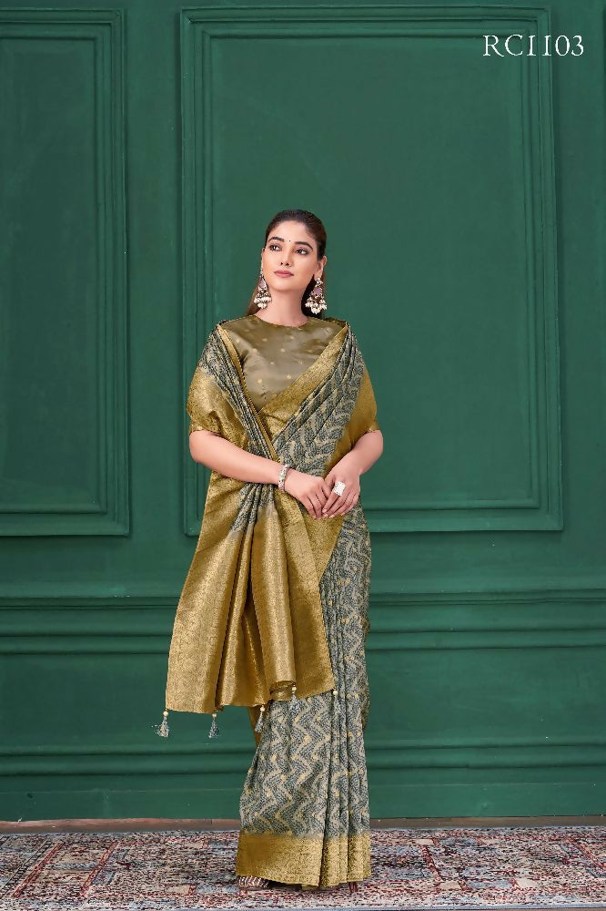 Grey Tussar Silk Jacquard Abstract Digital Print Saree with Unstitched Blouse - Mohira | Grocsy