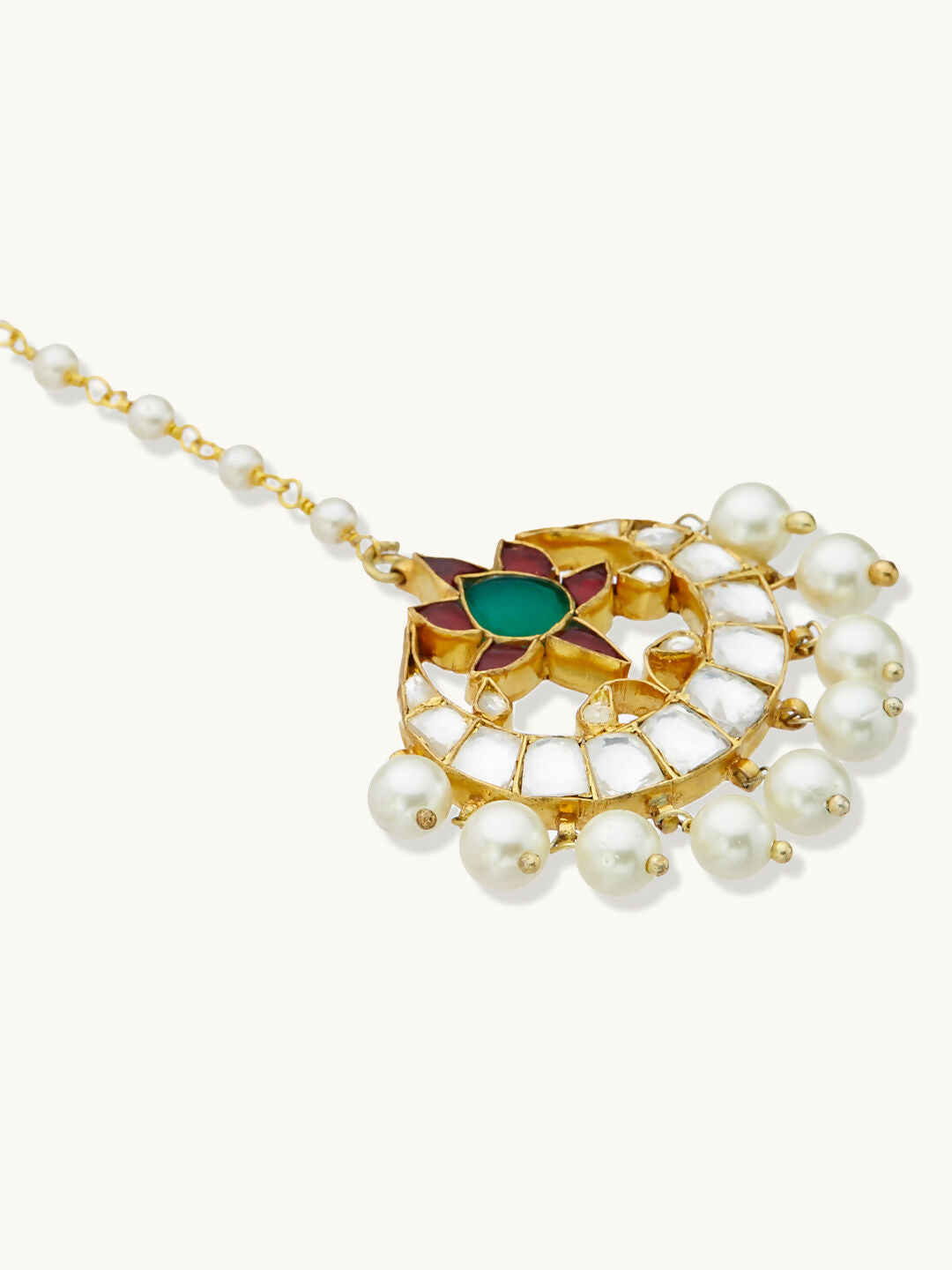 Nuyug 22K Gold-Plated Green Stone & Kundan Studded with Pearl Drop Maang Tikka Head Jewellery | Grocsy