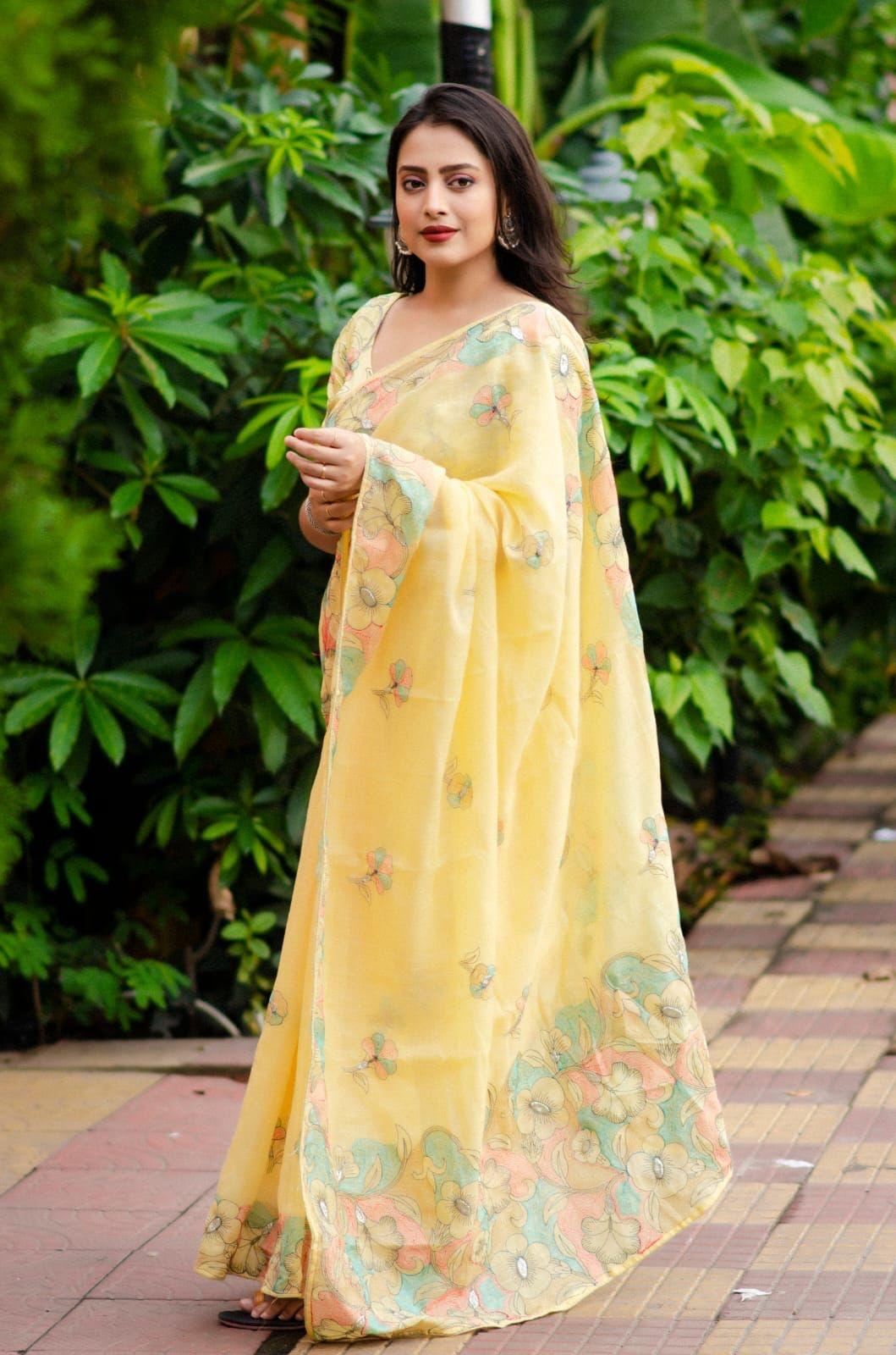 Yellow Pure Linen Ethnic Motifs Saree with Unstitched Blouse - A2M | Grocsy