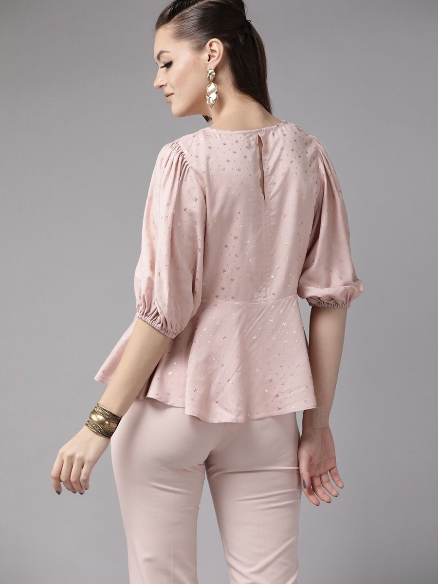 Ahalyaa Women Pink Rayon Gold Foil Print Tunic | Grocsy