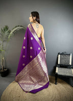 Joban Fashion Purple Floral Jacquard Woven Design Cotton Silk Banarasi Silk Saree | Grocsy