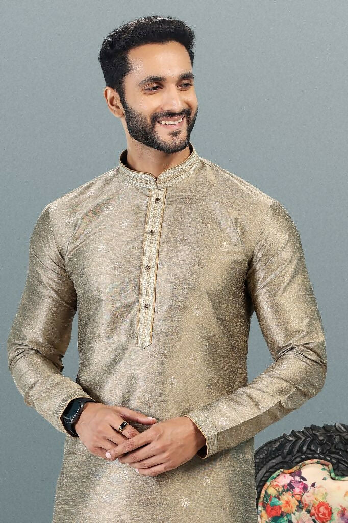 Raivat Ethnic Jacquard Banarasi Silk Pintux Work Kurta Pajama In Tusser Colour | Grocsy