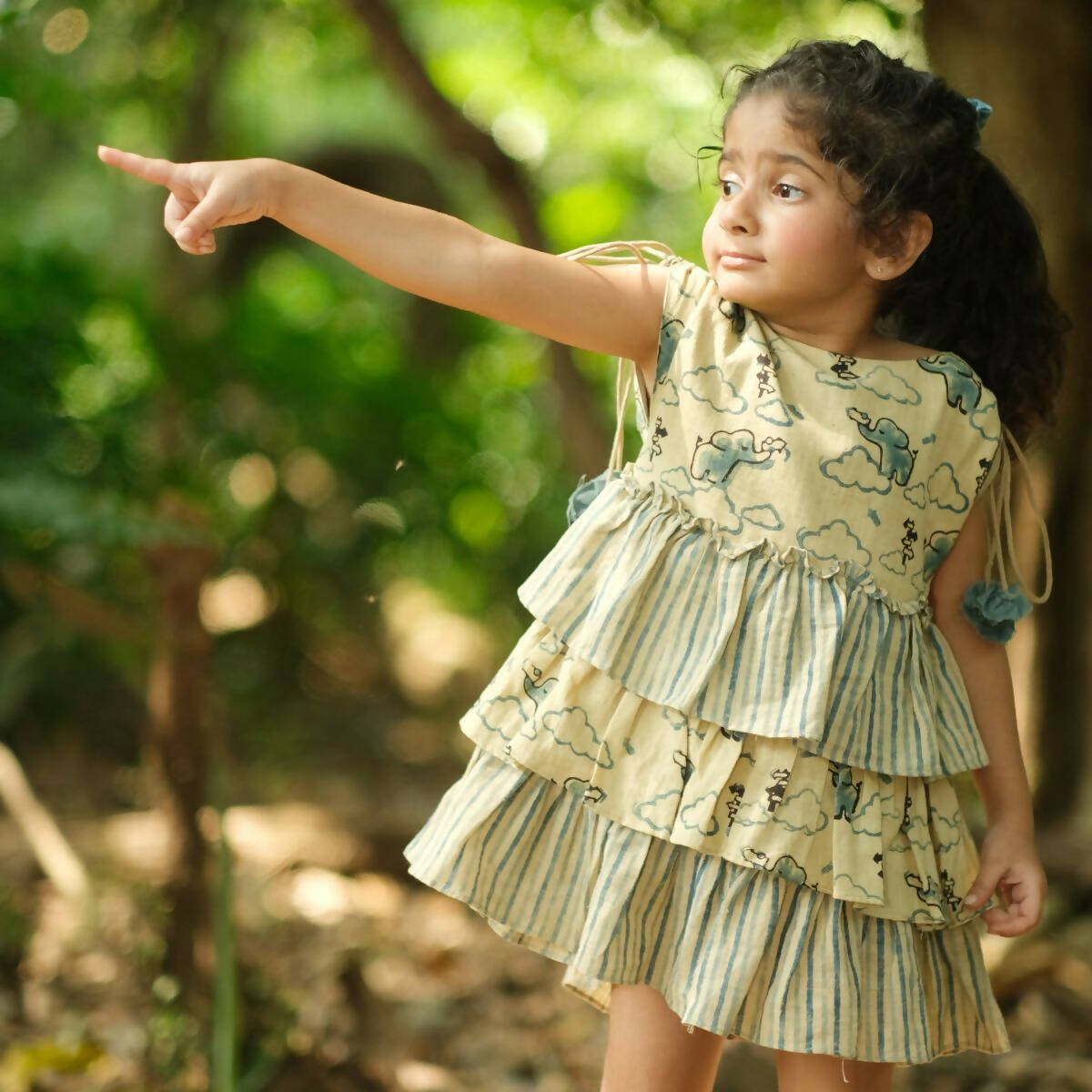 Mhyssa Beige and Blue Round Neck Flared Frock With Gathers | Grocsy