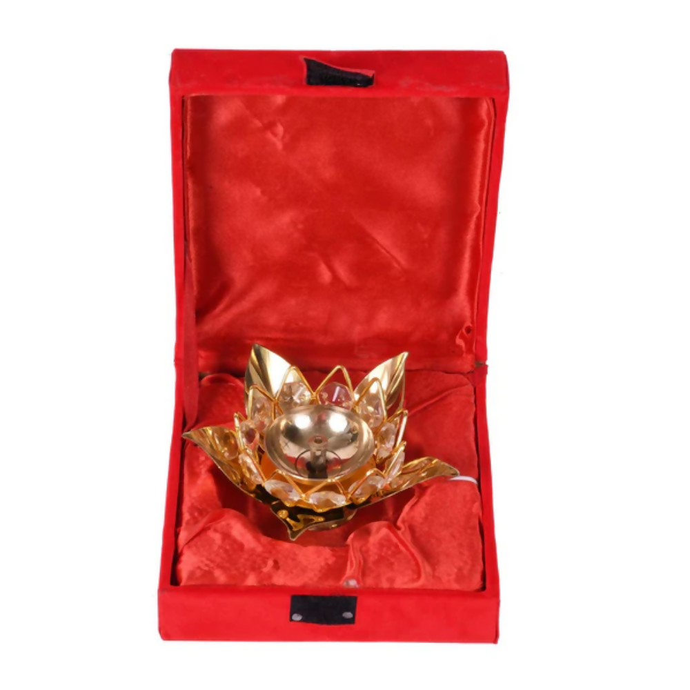CraftVatika Brass Crystal Lotus Shape Diya Deepak With Gift Box | Grocsy