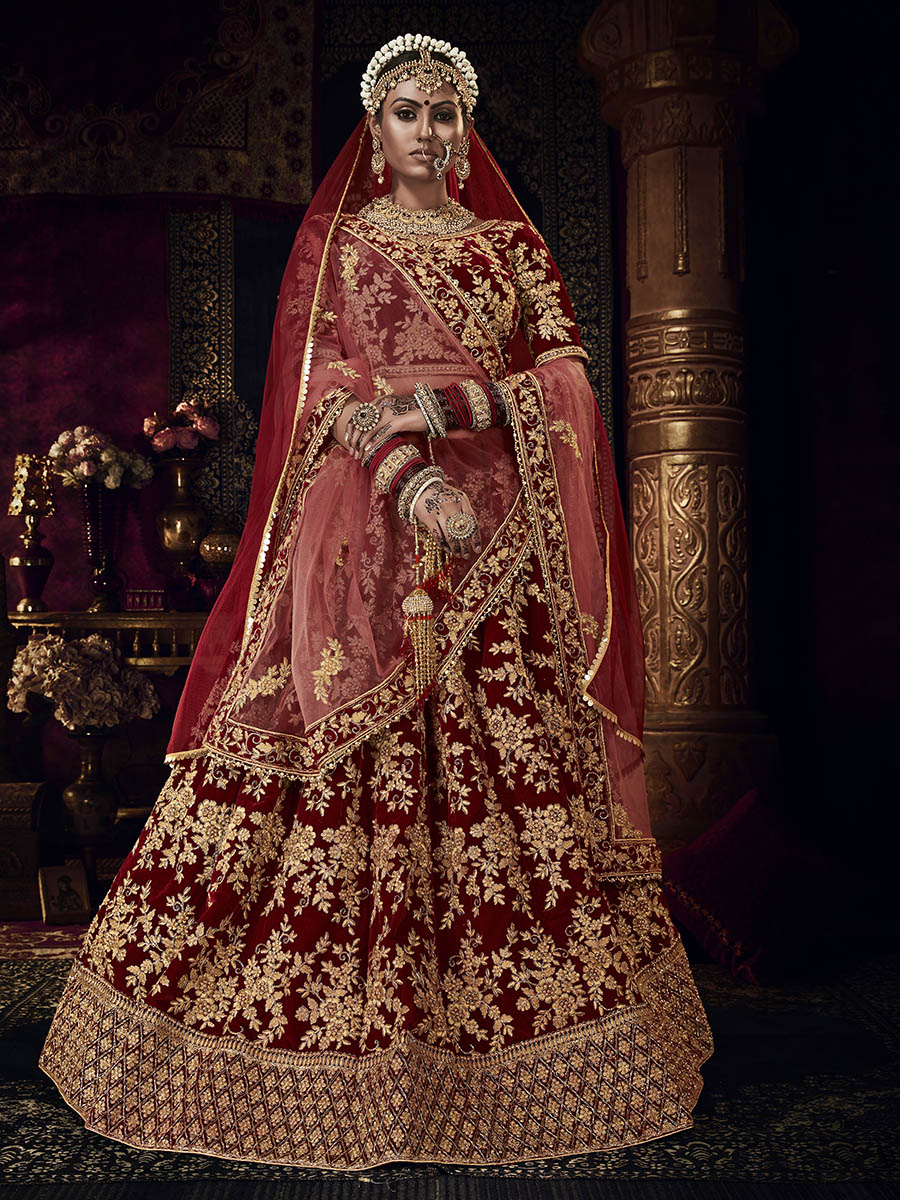Myra Red Heavy Embroidered Bridal Designer Lehenga | Grocsy