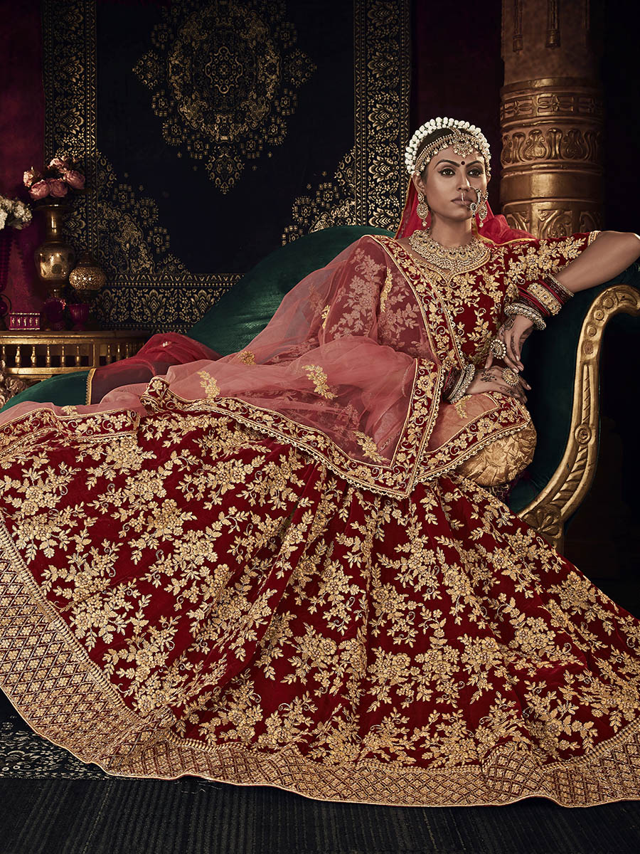 Myra Red Heavy Embroidered Bridal Designer Lehenga | Grocsy