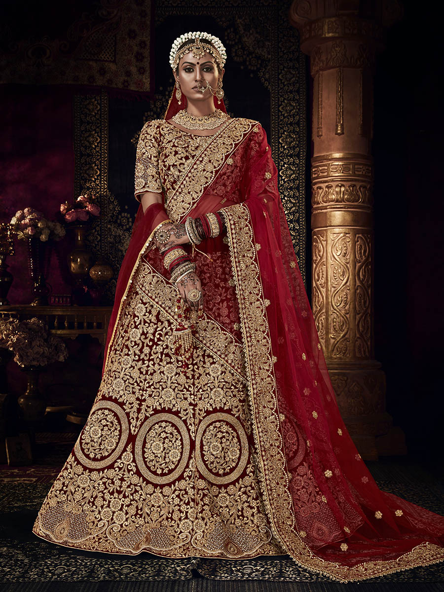 Myra Red Heavy Embroidered Bridal Designer Lehenga | Grocsy