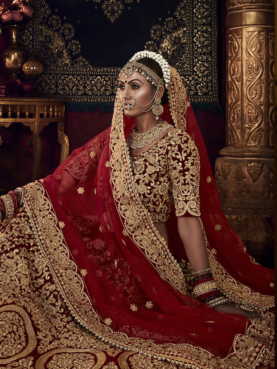 Myra Red Heavy Embroidered Bridal Designer Lehenga | Grocsy