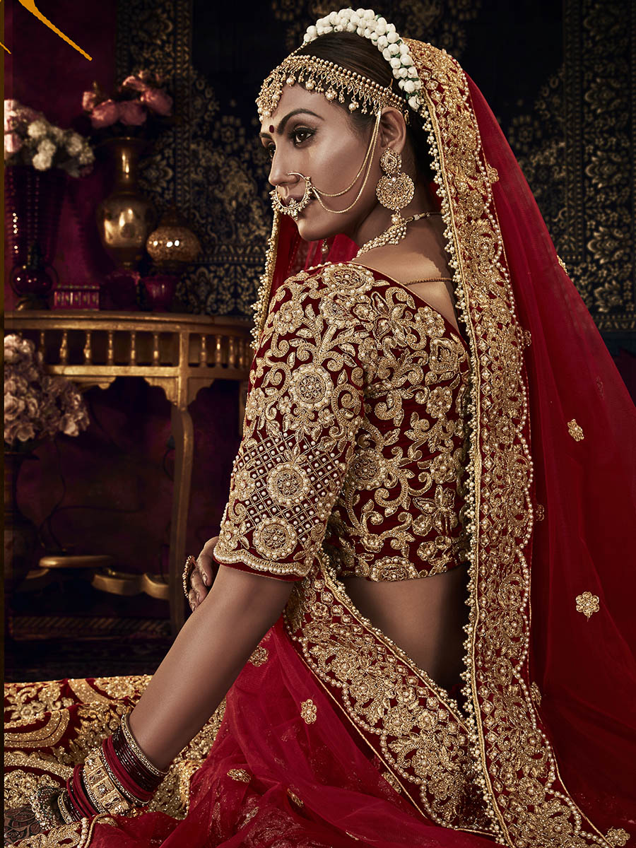 Myra Red Heavy Embroidered Bridal Designer Lehenga | Grocsy