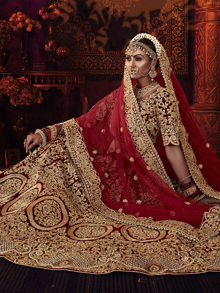 Myra Red Heavy Embroidered Bridal Designer Lehenga | Grocsy