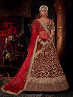 Myra Red Heavy Embroidered Bridal Designer Lehenga | Grocsy