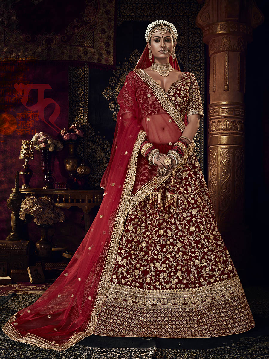 Myra Red Heavy Embroidered Bridal Designer Lehenga | Grocsy