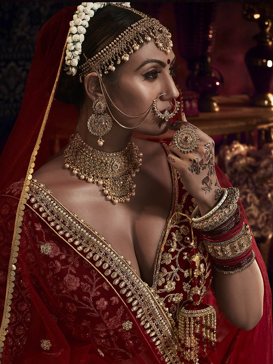 Myra Red Heavy Embroidered Bridal Designer Lehenga | Grocsy
