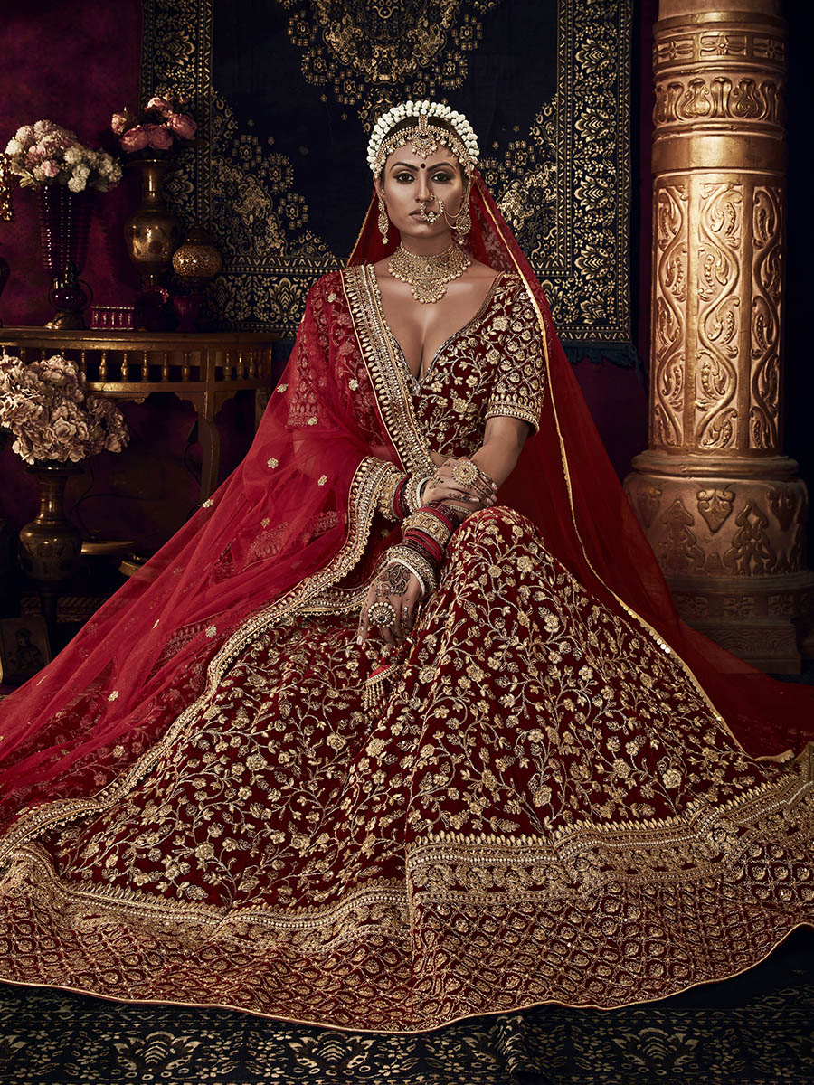 Myra Red Heavy Embroidered Bridal Designer Lehenga | Grocsy