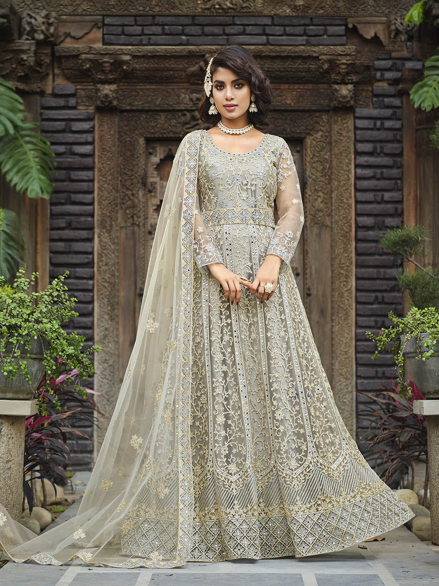 Myra Dusty Grey Butterfly Net Heavy Embroidered Designer Anarkali Suit | Grocsy