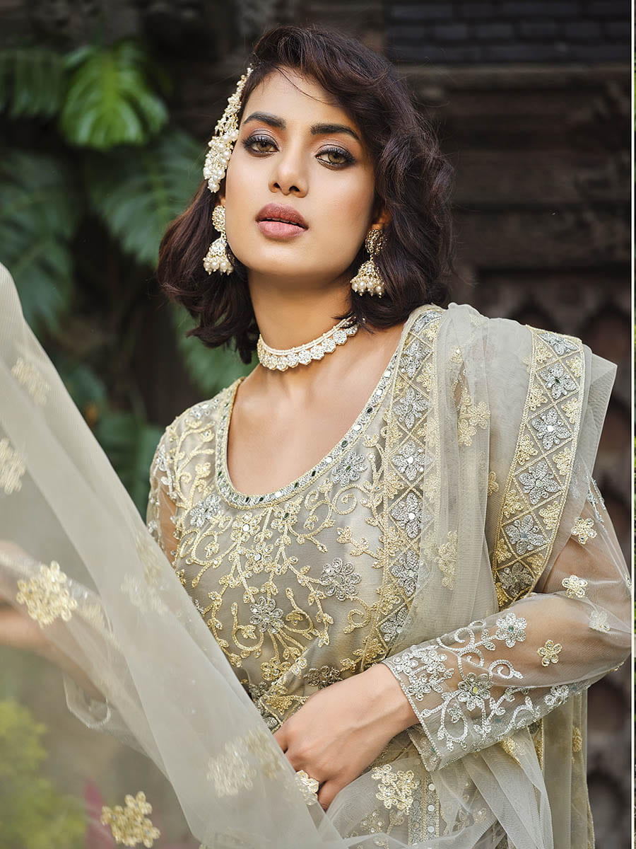 Myra Dusty Grey Butterfly Net Heavy Embroidered Designer Anarkali Suit | Grocsy