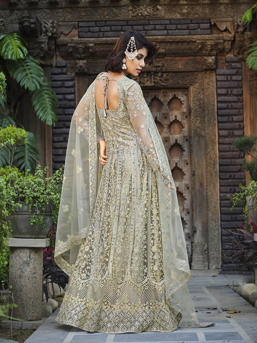 Myra Dusty Grey Butterfly Net Heavy Embroidered Designer Anarkali Suit | Grocsy