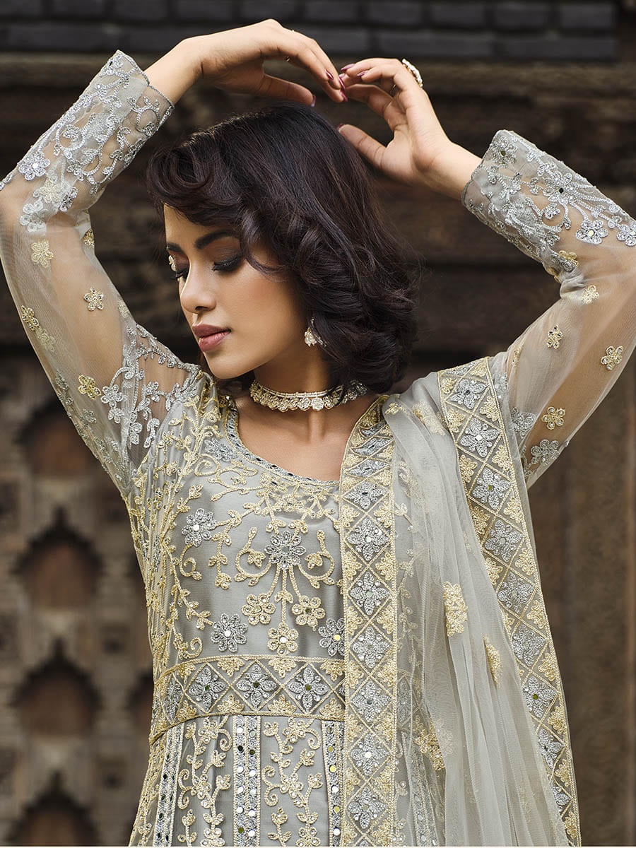 Myra Dusty Grey Butterfly Net Heavy Embroidered Designer Anarkali Suit | Grocsy
