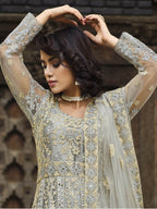 Myra Dusty Grey Butterfly Net Heavy Embroidered Designer Anarkali Suit | Grocsy