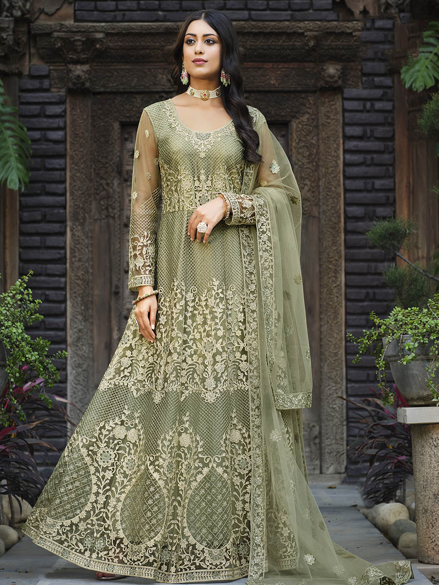 Myra Dusty Beige Butterfly Net Heavy Embroidered Designer Anarkali Suit | Grocsy